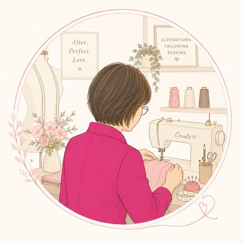 ミシンに向かうりか先生のイラスト